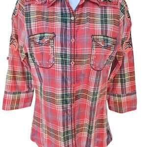 #314  Roar button down with pocket embellishments, sequins & rhinestones